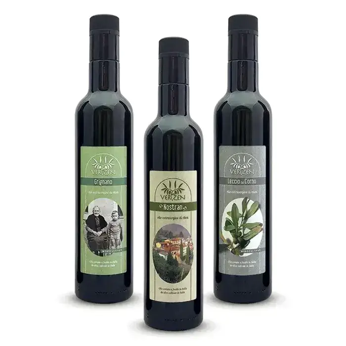the three varieties of EVO oil produced by Ver-Zen, two monocultivars and one blend
